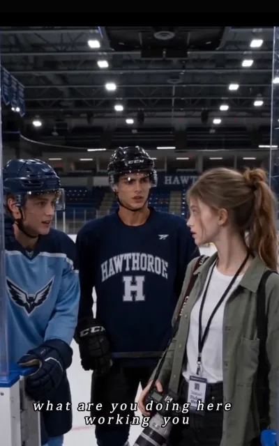The rink in session — two helmeted hockey players turning toward the boards where Piper stands with a long lens and a credential lanyard — "what are you doing here working you" (ep3, subtitles as aired; line cut off mid-exchange — no completion supplied)