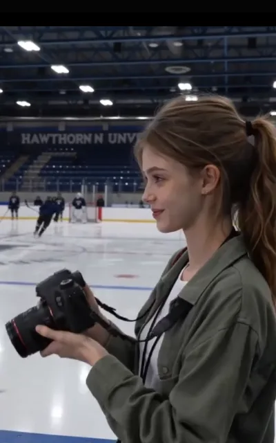 The rink’s wide frame — Piper with a red-ringed lens, a training session and a goalie at work behind her, the venue’s own college lettering across the wall (ep3)