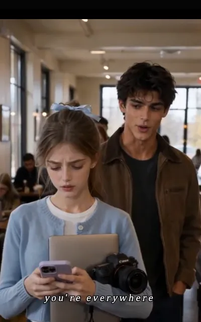 The coffee shop where the premise’s core line lands — Piper with her notebook and a lilac phone, Grant in a brown leather jacket watching from behind — "you're everywhere" (ep4, subtitles as aired)