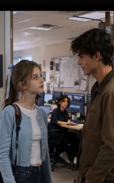 Close at the office doorway — Piper with her camera strap and a pale-blue cardigan, Grant in khaki, the distance between them nearly gone (ep4)