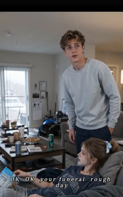 The snack standoff in the apartment — her brother in a gray hoodie leaning in, Piper holding her ground from the couch, hockey gear and a bag in the background — "OK OK your funeral rough day" (ep5, subtitles as aired)