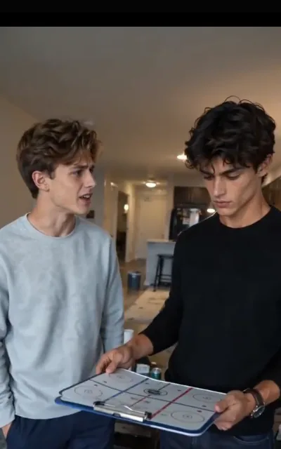 Tactics at the table — her brother explaining while Grant studies a blue hockey tactics board, wristwatch on, in the shared living space (ep5)