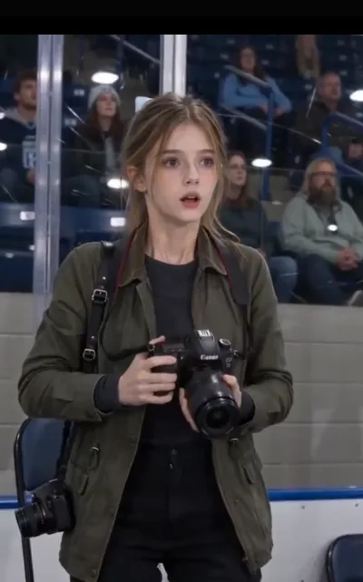 Piper at ice level with two camera bodies — one in hand, one slung at her side — eyes wide at whatever the rink just served up (ep6)