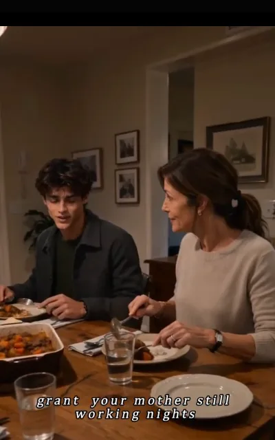 The family dinner — Grant at the table, the woman of the house mid-serve, the dinner-table exchange that anchors his name on the platform’s own subtitles — "grant your mother still working nights" (ep7, subtitles as aired)