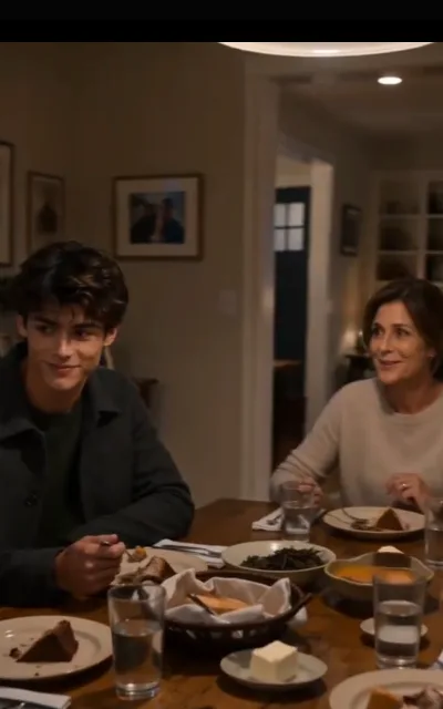 The full table — pie and a woven bread basket between them, Grant laughing mid-meal while the woman of the house smiles back (ep7)