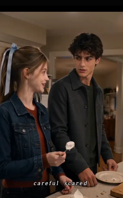The kitchen counter — Piper raising a small spoon with cream on it, laughing toward Grant; also the source of her avatar (ep7)