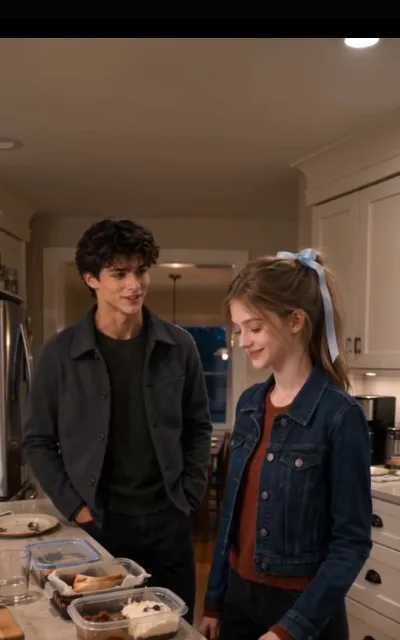 The kitchen counter, side by side — Grant hands-in-pockets with a sidelong smile, Piper looking down with her own; also the source of his avatar (ep7)