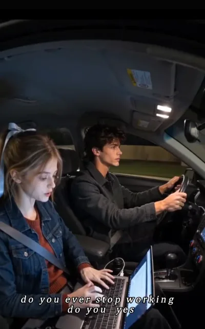 The night drive — Grant at the wheel, Piper in the passenger seat working her laptop by dashboard light — "do you ever stop working do you yes" (ep8, subtitles as aired)