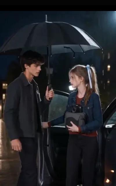 The rain picks up at the car door — Grant holding the umbrella out while Piper hugs her camera bag close, the almost-touch of the rainy evening (ep8)