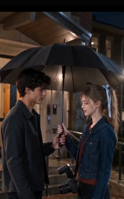 The umbrella frame — both hands on one handle in the doorway’s warm light, Grant watching her, Piper looking down, the whole rainy evening in a single grip; the source of this page’s key art (ep8)