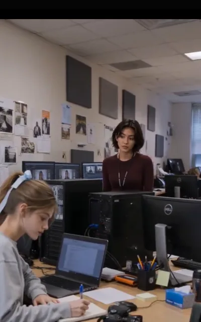 The editing room — Piper taking notes in blue pen while a supervisor in wine-red leans over the desk, two camera bodies within reach (ep9)