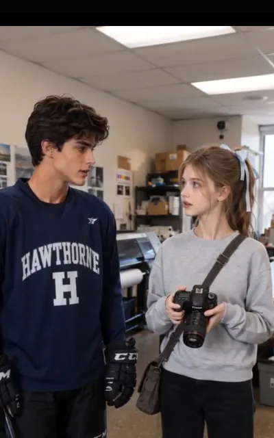 The print shop — Grant in team colors turning mid-conversation while Piper looks up from her camera, blinds striping the room (ep9)