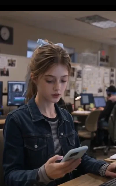 Shallow focus on Piper with her phone — striped tee under the denim jacket, an edit suite blurred behind her (ep9)