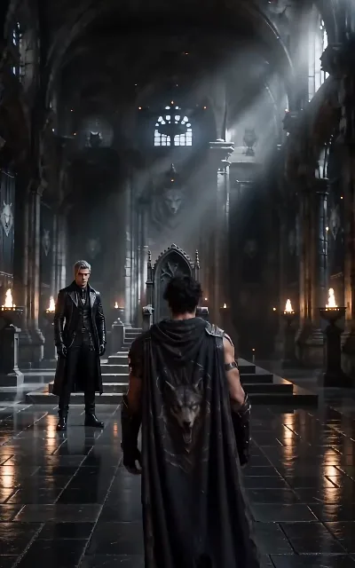 The great hall of the Wolf Clan — the silver-haired king on the throne steps, a wolf-cloaked figure walking in to face him