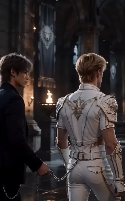 The chain runs from the king’s gloved hand to the captive prince’s belt — the leash the whole castle talks about