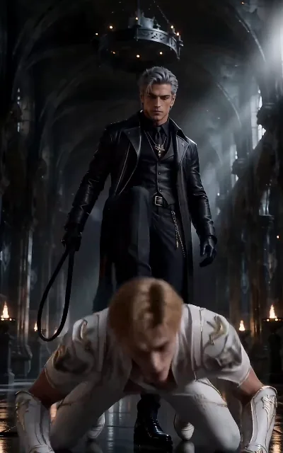 The king stands over his kneeling captive, leash in black glove, the pack looking on in the candle smoke