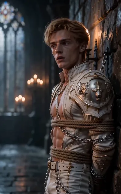 Dorian chained to the dungeon wall, candlelight on wet stone — the war trophy in his cell