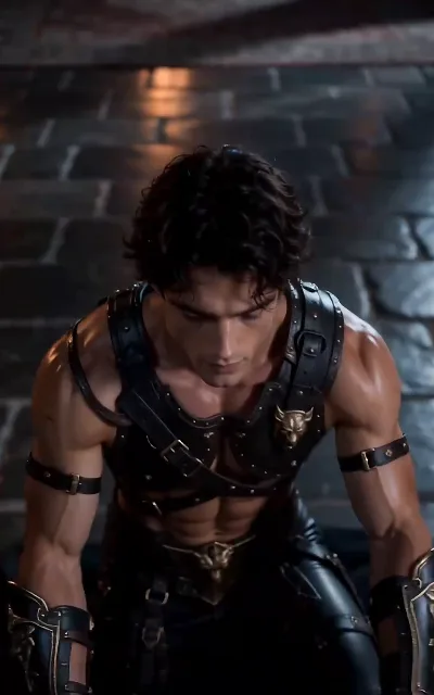 The gladiator pause — Rurik in the arena light, head bowed, tension coiled before the reversal