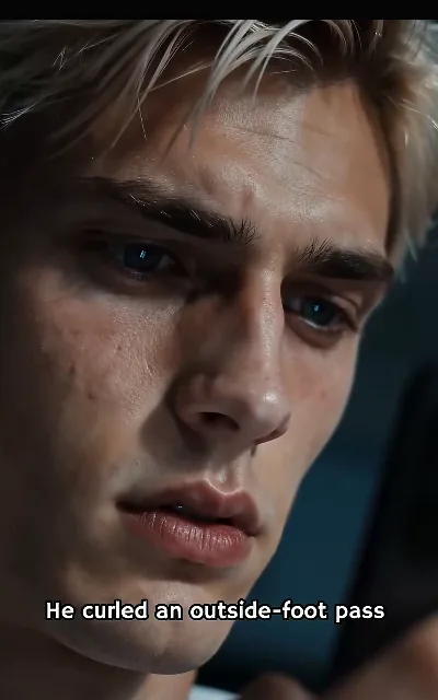 The stone face — the captain’s close-up under stadium light, pale-blond crop, blue eyes and freckles, the season’s one rule already set — "He curled an outside-foot pass" (ep1, subtitles as aired; the station’s narration of the new signing’s signature delivery)