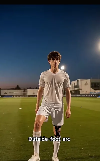 The white kit and the chalk-talk — the winger on the ball with an on-frame technical tag reading "Outside-foot arc" (ep4; platform annotation as aired — FIRST station technical-annotation frame on the site, kept exactly as shown)