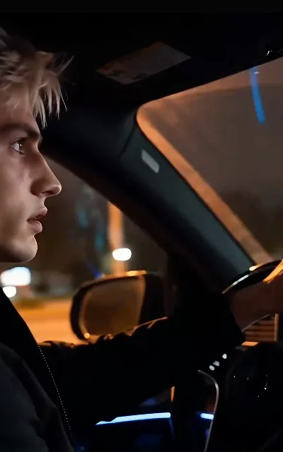 The night drive — the captain behind the wheel in a black zip top, city lights sliding past the glass (ep5)