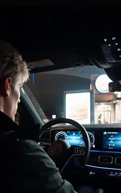The drive-thru glow — the cabin lit by twin screens and lamp glow, a late-night order at the window (ep5; scene lighting as aired)