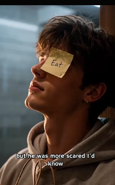 The sticky note — a small "Eat" left where he would find it, and the caption underneath — "but he was more scared I'd know" (ep5, subtitles as aired)