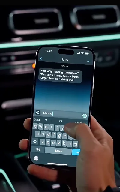 The phone at midnight — the chat thread proposing a run the next day, kept exactly as the station showed it — "Free after training tomorrow? Want to run it again. You're a better target than the training wall." (ep5, on-screen chat text as aired — FIRST chat-interface quote form on the site, not a subtitle frame)