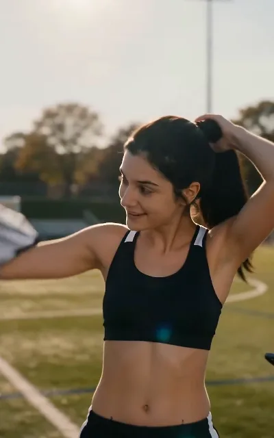 An athlete ties up her hair mid-training, jersey lifting to show her waist, the pitch blurred behind her