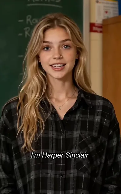 Classroom introduction scene, the new student facing the room as the subtitle reads: "I'm Harper Sinclair"