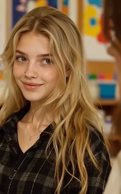 A soft, warm smile in close-up — golden waves, a small nose stud, guard just beginning to drop
