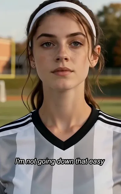 A tryout close-up under the sun, chin up, eyes on the lens, the subtitle reading: "I'm not going down that easy"
