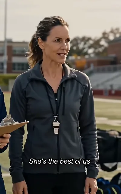 The coach with whistle and clipboard, glancing aside with a small smile, subtitle: "She's the best of us"