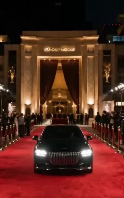 Arrival at the gala — headlights on the red carpet, guests and cameras lined up along the rope under warm lights