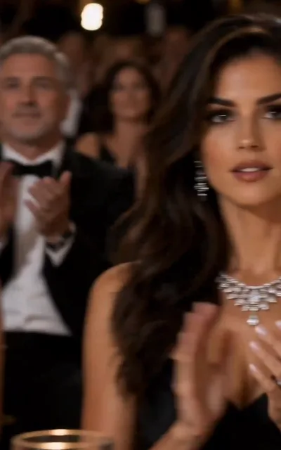 Chloe at the gala — black gown, chandelier diamonds, applauding while the room does