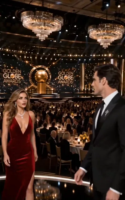 The Golden Globe Awards ballroom — chandeliers, the golden trophy on stage, and the couple's eyes meeting across the room