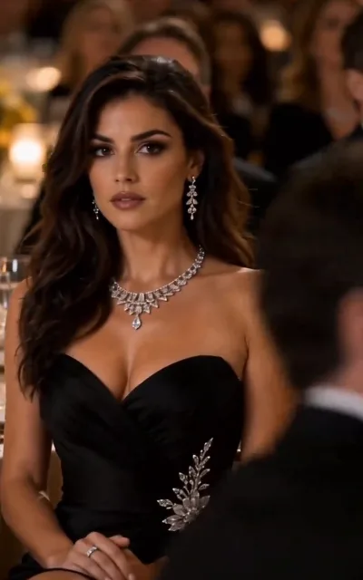 Sabrina in black at the gala dinner — full diamonds, a composed stare with trouble behind it