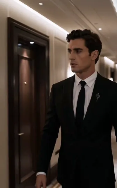 Ethan strides down the hotel corridor, all business, eyes fixed on the door ahead