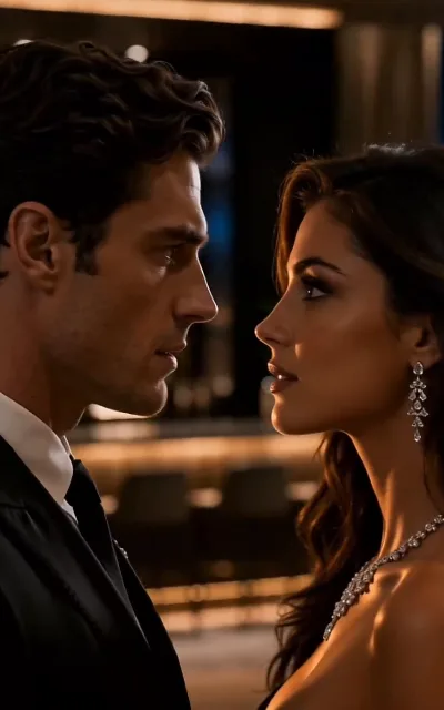 Face to face at the gala — the leads inches apart under the golden lights