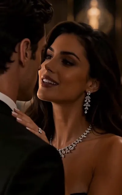 The quiet corner of the gala — her hand on his shoulder, a soft look between the pair in full diamonds