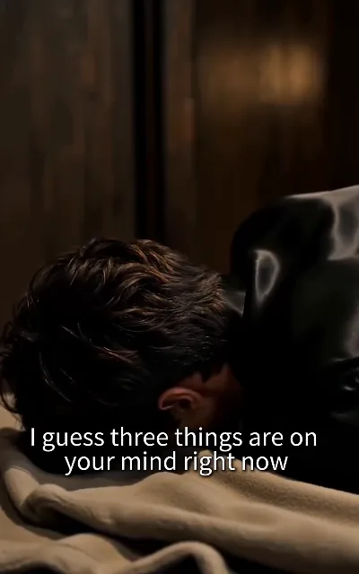 "I guess three things are on your mind right now" — a leather-jacketed man burrowed into a blanket while Dante reads him from across the room: the free block's quietest mind game (ep3, subtitles as aired)
