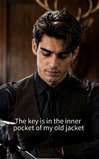 "The key is in the inner pocket of my old jacket" — Dante in a vintage antler-print coat and leather gloves, a blade catching the light between them: the threat staged as a favor (ep3, subtitles as aired; blade-threat frame as aired, no explicit content)