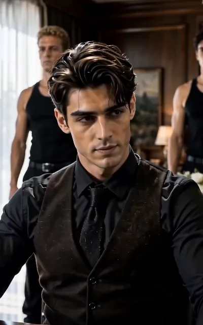 Dante at the center of the frame, flanked by his two bodyguards — one light-gold curl, one dark curl — the power composition of the gang's second tier (ep3; the bodyguards stay unnamed)
