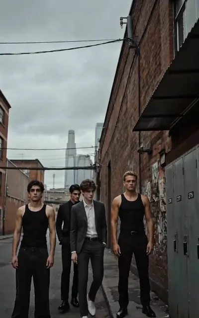 Four men walking the alley in formation — Evan in his gray suit and white shoes flanked by a black-suited lieutenant and two vested bodyguards: the Iron Wolf Gang on the move (ep4; the bodyguards stay unnamed)