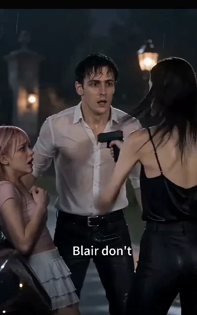 Blair raising a gun into the rainy night, the plea hanging unanswered between the sisters — the charge that rips the opening scene apart (ep1; gun frame as aired, no graphic detail)