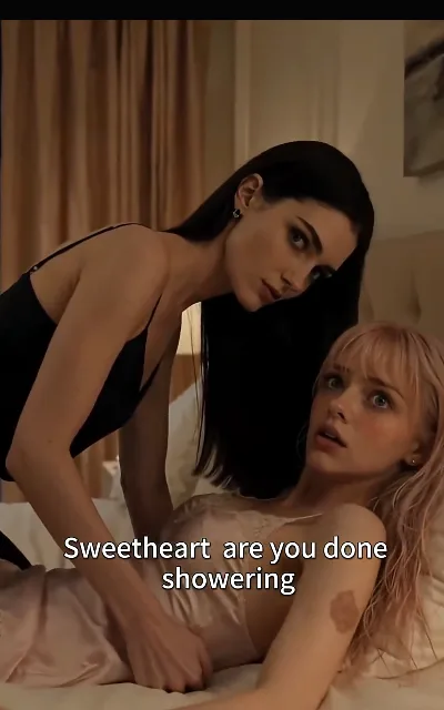 "Sweetheart are you done showering" — the doorstep taunt, the iron-emblem mark visible on Beatrice's shoulder: the question the whole mystery hangs on (ep2, subtitles as aired; suggestive-tension frame as aired, no explicit content)