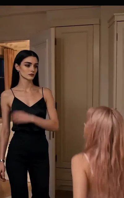Blair at the bedroom door in home-warm light, talking past the threshold she has already crossed — the daily-life register between the clashes (ep3)