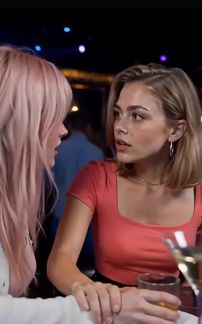 In the bar, a short-haired woman with champagne close, holding Beatrice's hand and listening — the care thread running alongside the sisters' war (ep3; she stays unnamed)