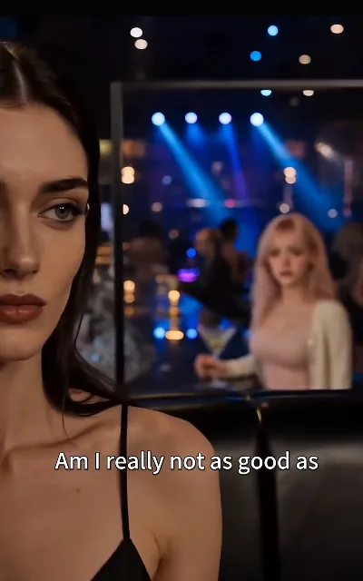 "Am I really not as good as" — Blair in a black camisole at the bar, Beatrice's martini in the background, the sentence breaking off exactly where the subtitle aired it: truncated as aired and not completed on this page (ep4, subtitles as aired; truncated as aired — no completion supplied)