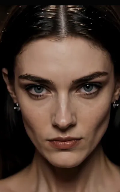 Blair face-on at the lens, hair water-slicked, gray-blue eyes holding the stare — the cold-glamour portrait and the source of her avatar (ep4)